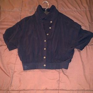 Black button up crop top, cinched at the waist. Forever 21